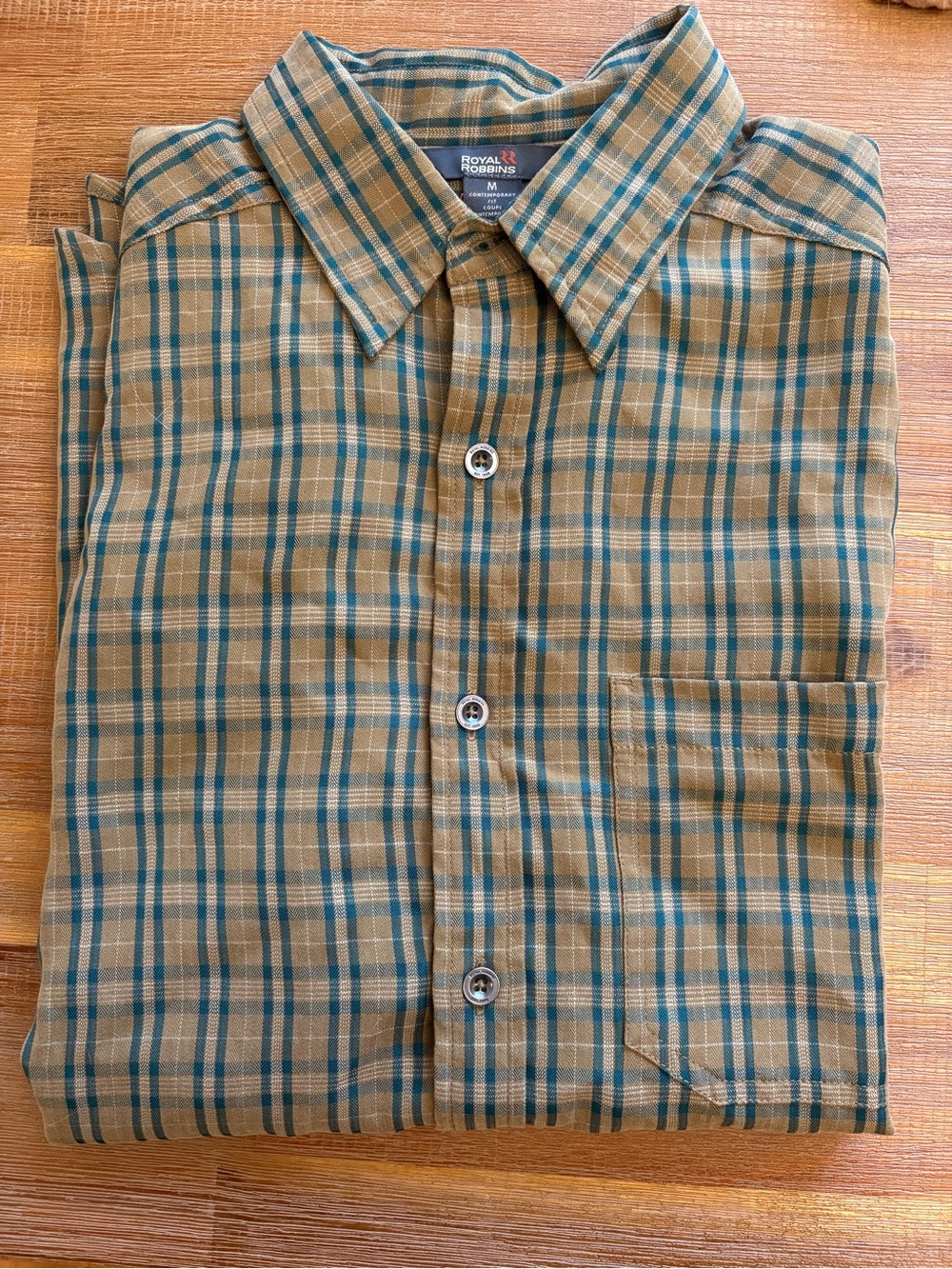 Royal Robbins Tan and Teal Plaid Button-Down Shirt